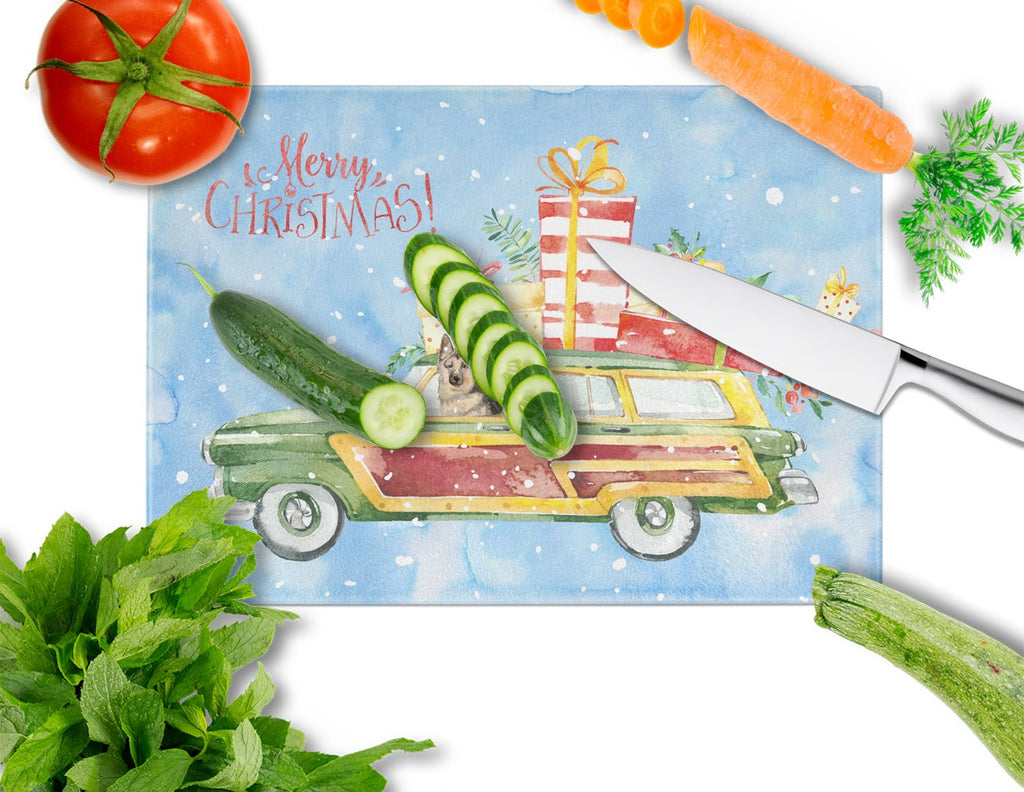 Merry Christmas German Shepherd Cutting Board Tempered Glass Kitchen Cutting Surface, Heat Resistant Chopping, Non-Slip Feet, Food Prep & Serving