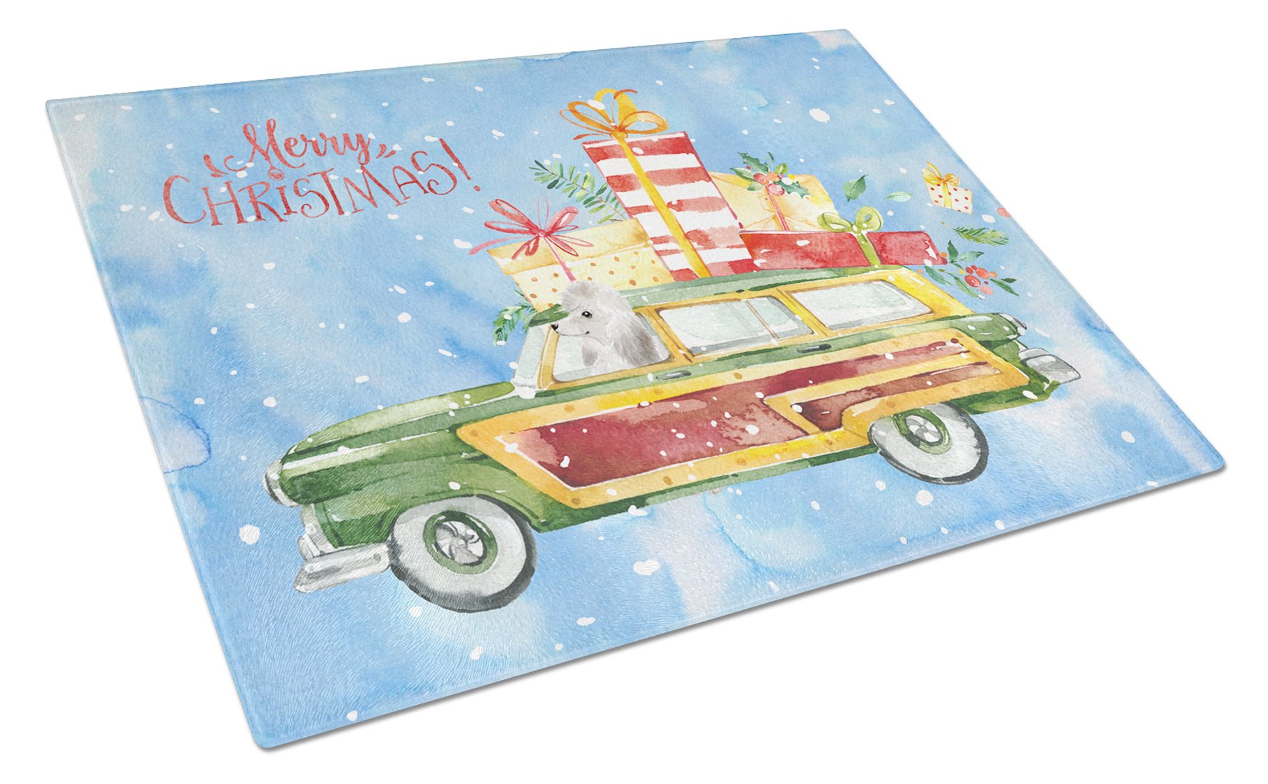 Merry Christmas White Poodle Cutting Board Tempered Glass Kitchen Cutting Surface, Heat Resistant Chopping, Non-Slip Feet, Food Prep & Serving