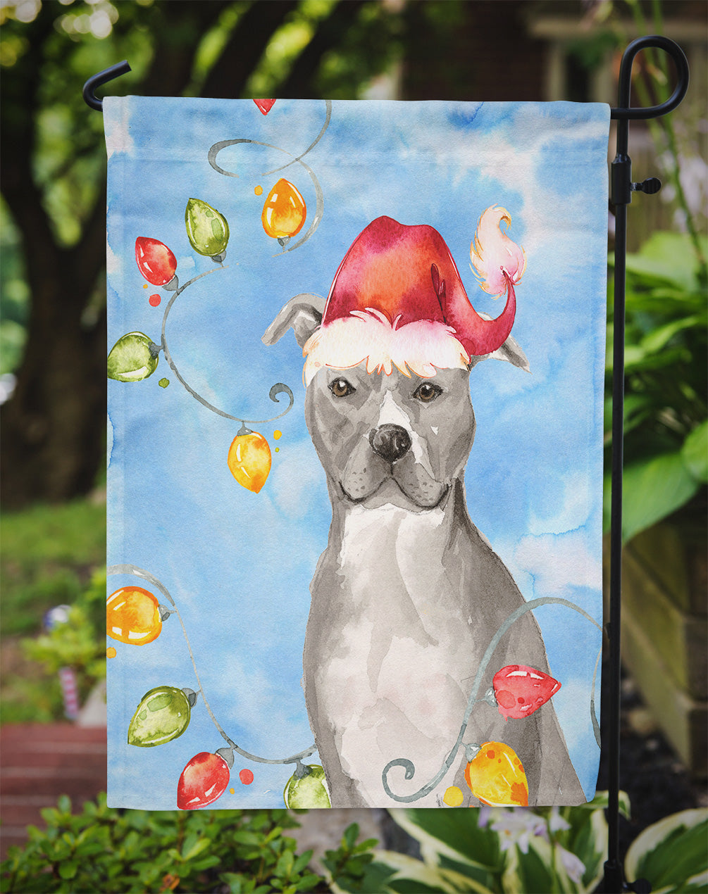 Christmas Lights Staffordshire Bull Terrier Garden Flag Mailbox Decorative Yard Banner Outside Patio Artwork for Flower Beds, Garden Size, Multicolor