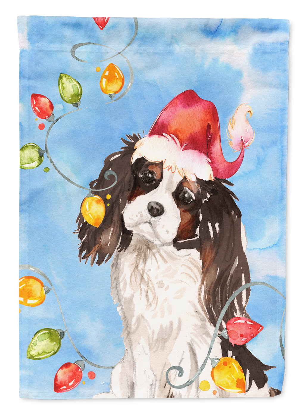 Christmas Lights Tricolor Cavalier Spaniel House Flag 28x40 Porch Sleeve Pole Decorative Outside Yard Banner Artwork Wall Hanging, Polyester