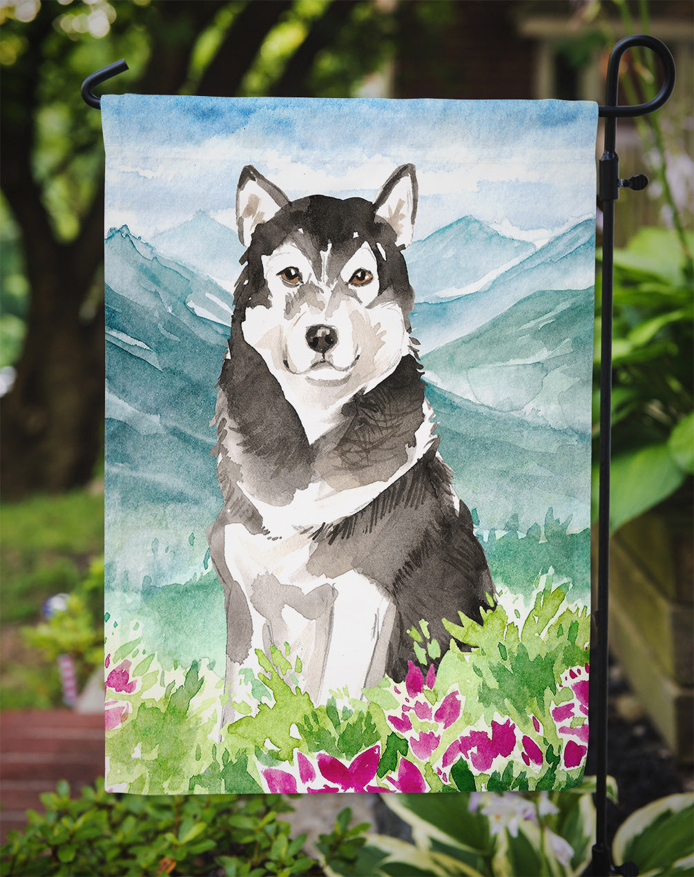 Mountain Flowers Alaskan Malamute Garden Flag Mailbox Decorative Yard Banner Outside Patio Artwork for Flower Beds, Garden Size, Multicolor