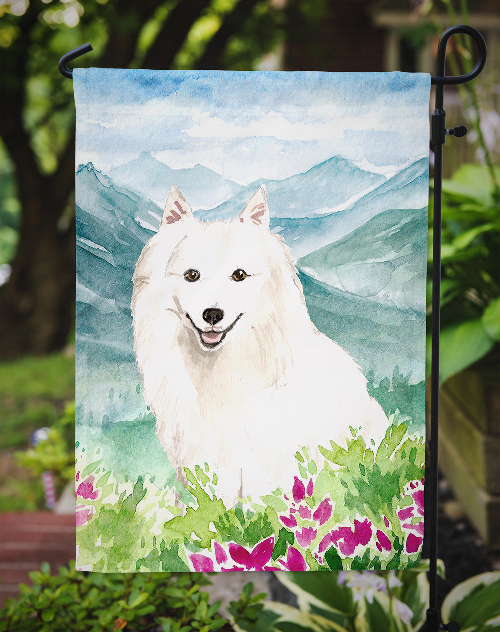 Mountain Flowers Japanese Spitz Garden Flag Mailbox Decorative Yard Banner Outside Patio Artwork for Flower Beds, Garden Size, Multicolor