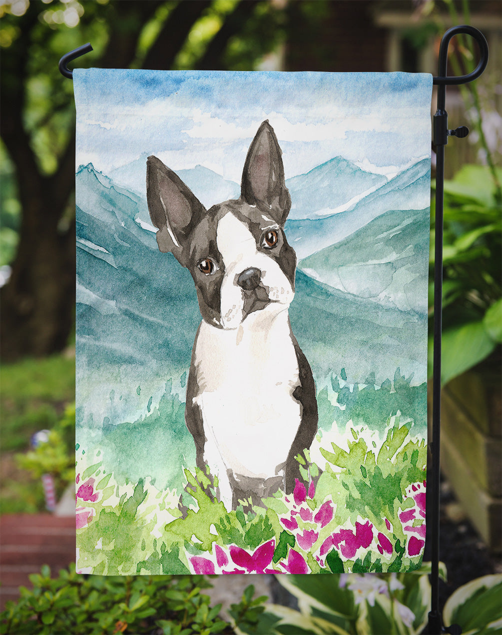 Mountain Flowers Boston Terrier Garden Flag Mailbox Decorative Yard Banner Outside Patio Artwork for Flower Beds, Garden Size, Multicolor