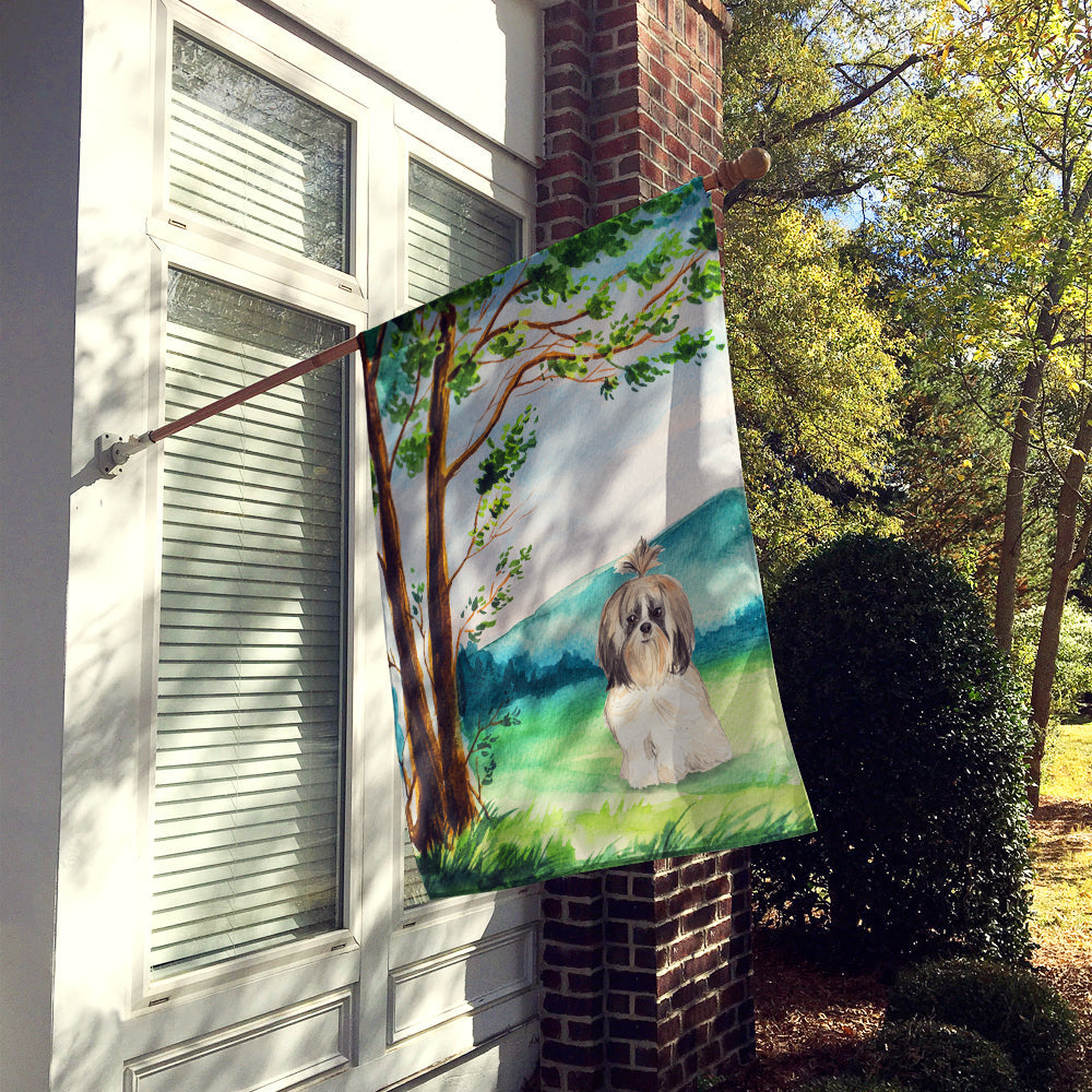 Under the Tree Shih Tzu House Flag 28x40 Porch Sleeve Pole Decorative Outside Yard Banner Artwork Wall Hanging, Polyester
