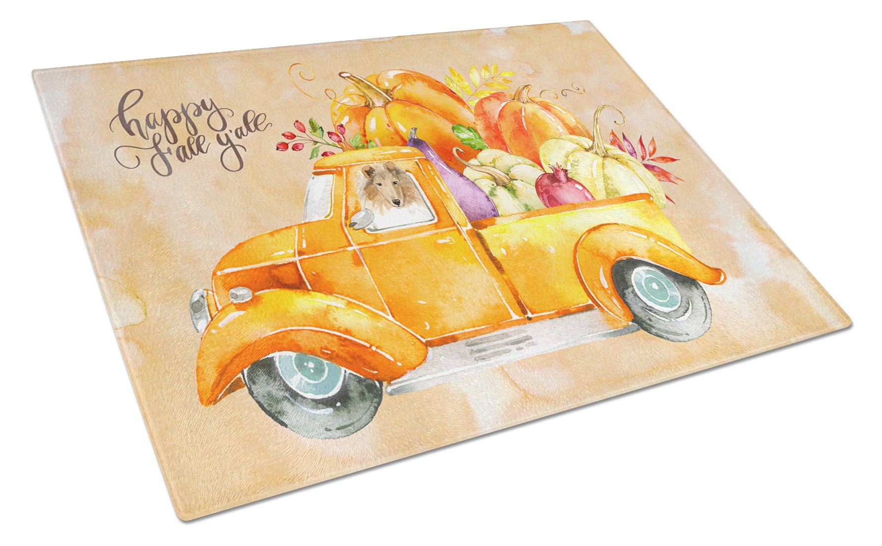 Fall Harvest Collie Cutting Board Tempered Glass Kitchen Cutting Surface, Heat Resistant Chopping, Non-Slip Feet, Food Prep & Serving