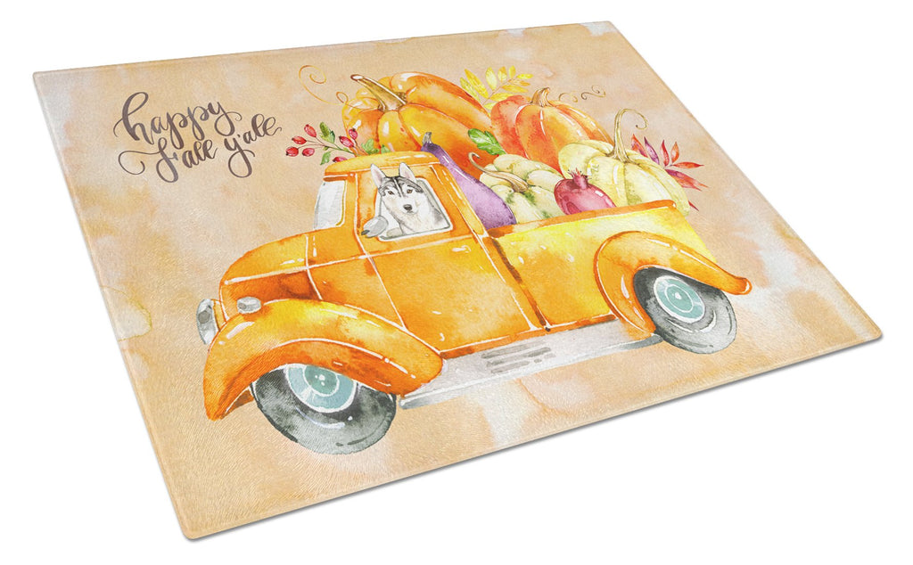 Fall Harvest Siberian Husky Cutting Board Tempered Glass Kitchen Cutting Surface, Heat Resistant Chopping, Non-Slip Feet, Food Prep & Serving