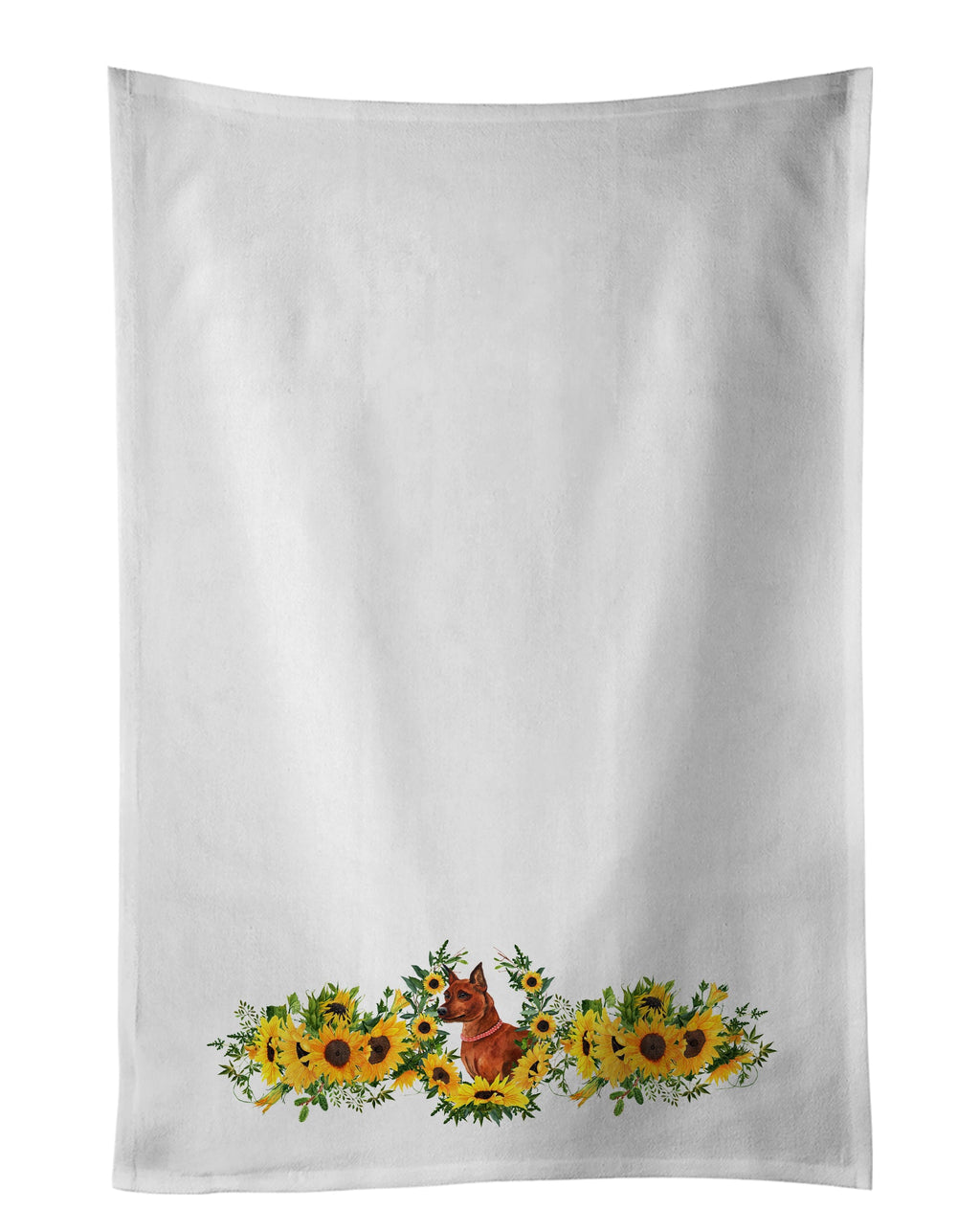 Miniature Pinscher in Sunflowers Kitchen Towel Set of 2 White Dish Towels Decorative Bathroom Hand towel for Hand, Face, Hair, Yoga, Tea, Dishcloth, 19 X 28", White