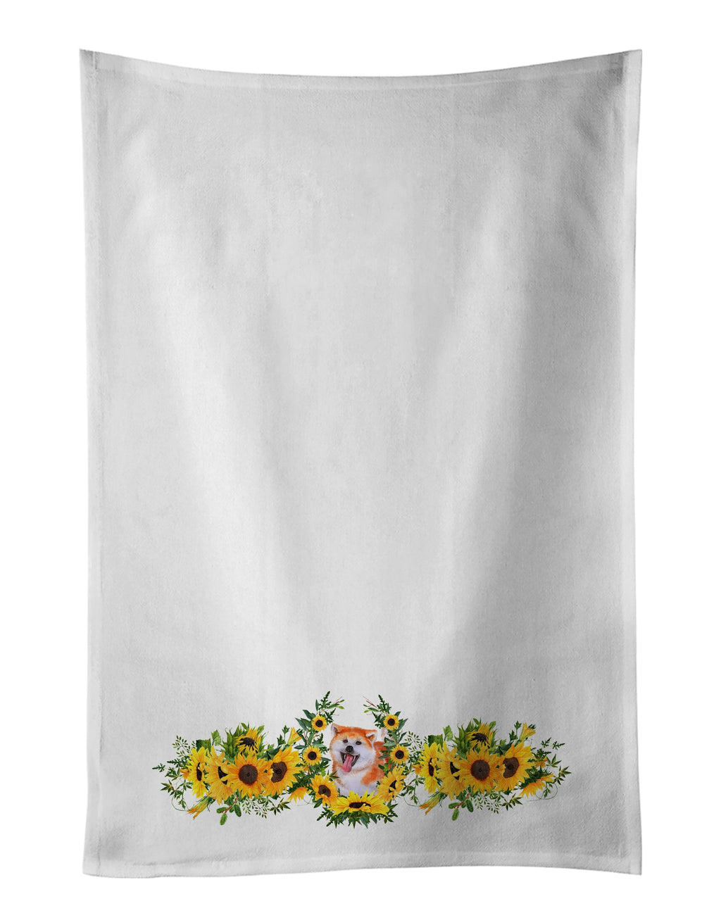 Akita in Sunflowers Kitchen Towel Set of 2 White Dish Towels Decorative Bathroom Hand towel for Hand, Face, Hair, Yoga, Tea, Dishcloth, 19 X 28", White
