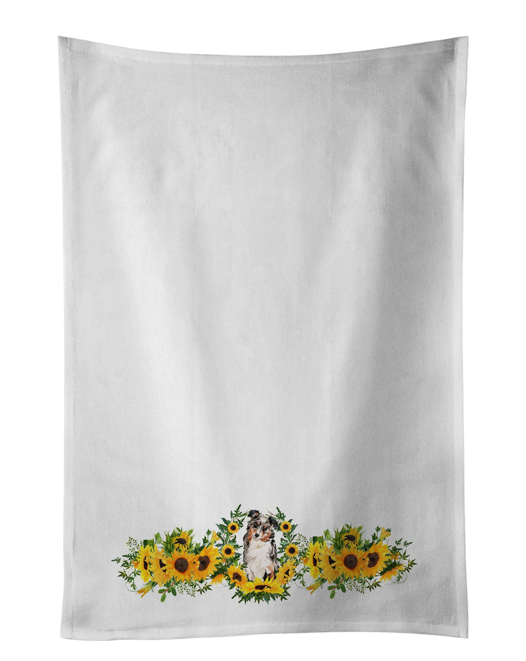 Australian Shepherd in Sunflowers Kitchen Towel Set of 2 White Dish Towels Decorative Bathroom Hand towel for Hand, Face, Hair, Yoga, Tea, Dishcloth, 19 X 28", White