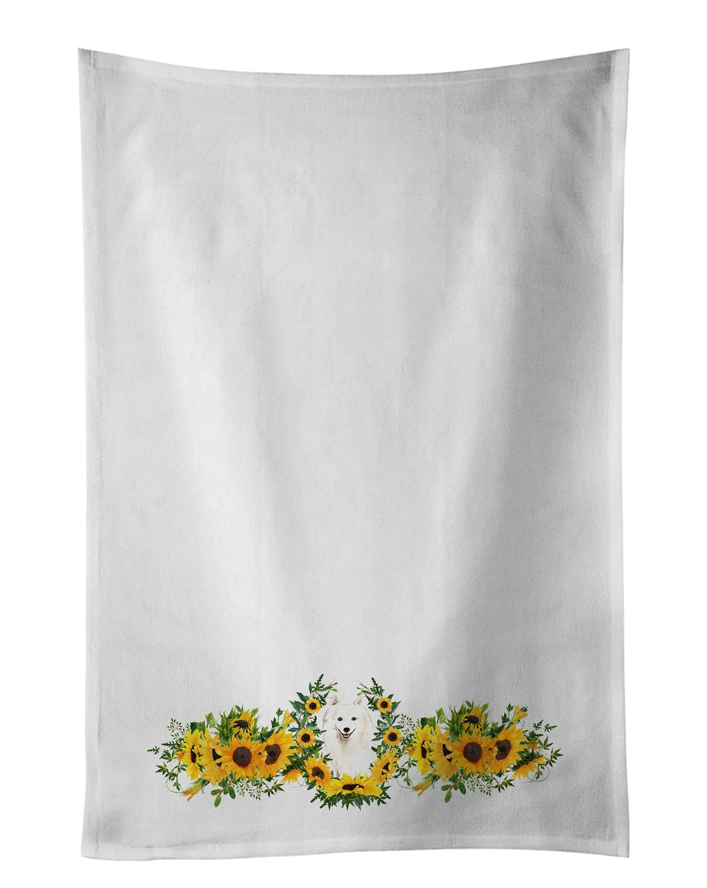 Japanese Spitz in Sunflowers Kitchen Towel Set of 2 White Dish Towels Decorative Bathroom Hand towel for Hand, Face, Hair, Yoga, Tea, Dishcloth, 19 X 28", White