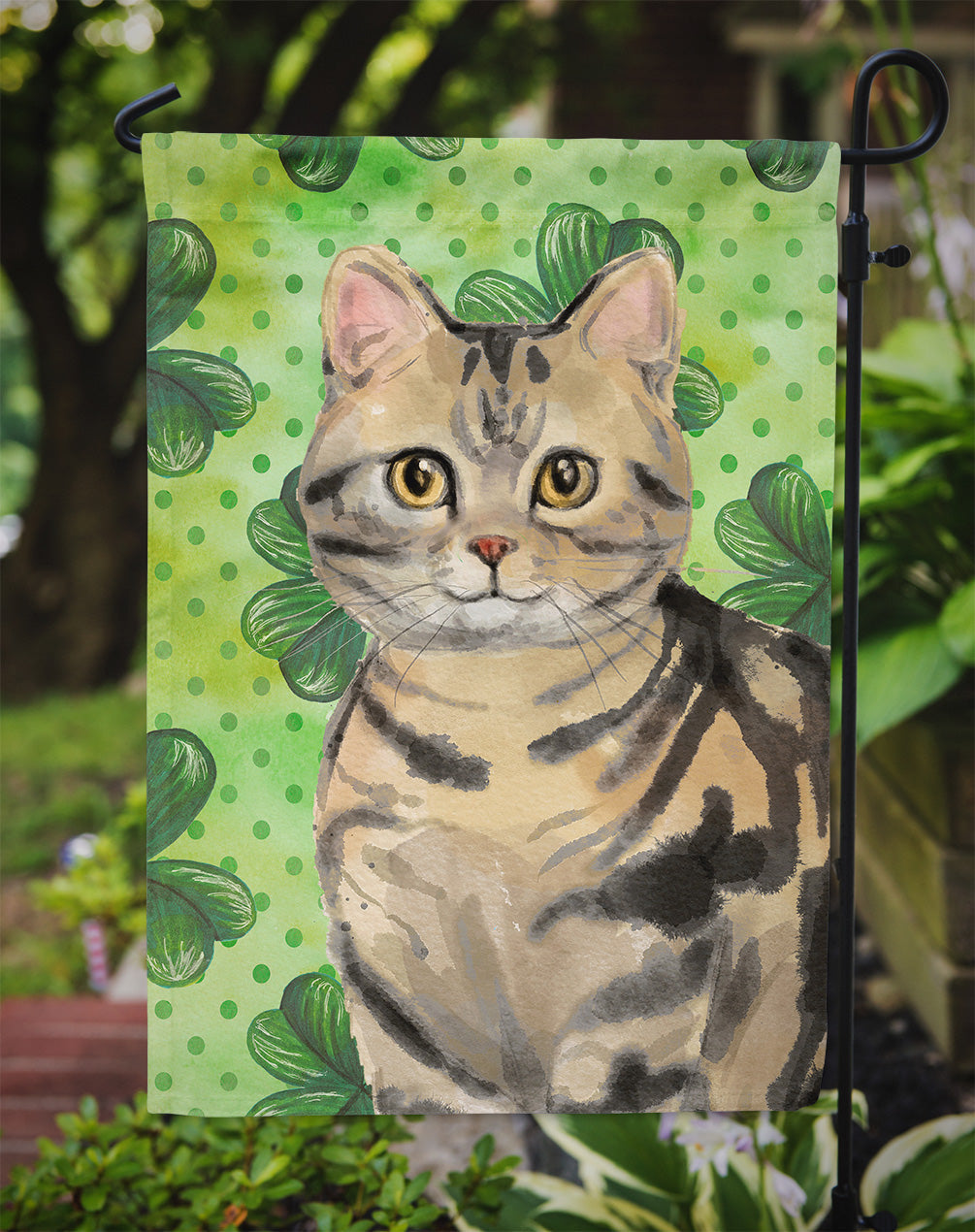 American Shorthair Brown Tabby Shamrock Garden Flag Mailbox Decorative Yard Banner Outside Patio Artwork for Flower Beds, Garden Size, Multicolor