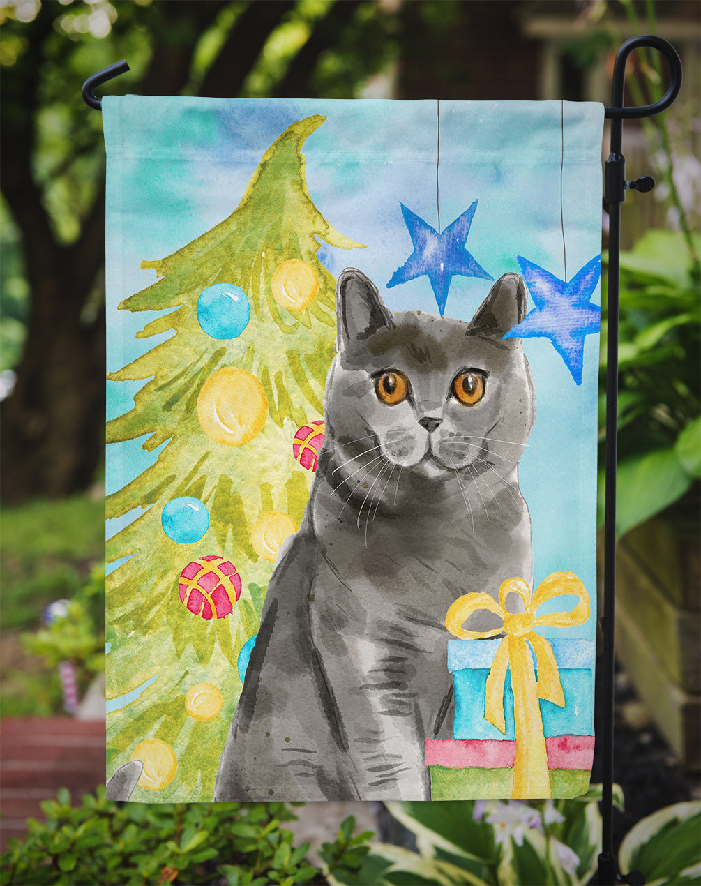 British Shorthair Christmas Presents Garden Flag Mailbox Decorative Yard Banner Outside Patio Artwork for Flower Beds, Garden Size, Multicolor