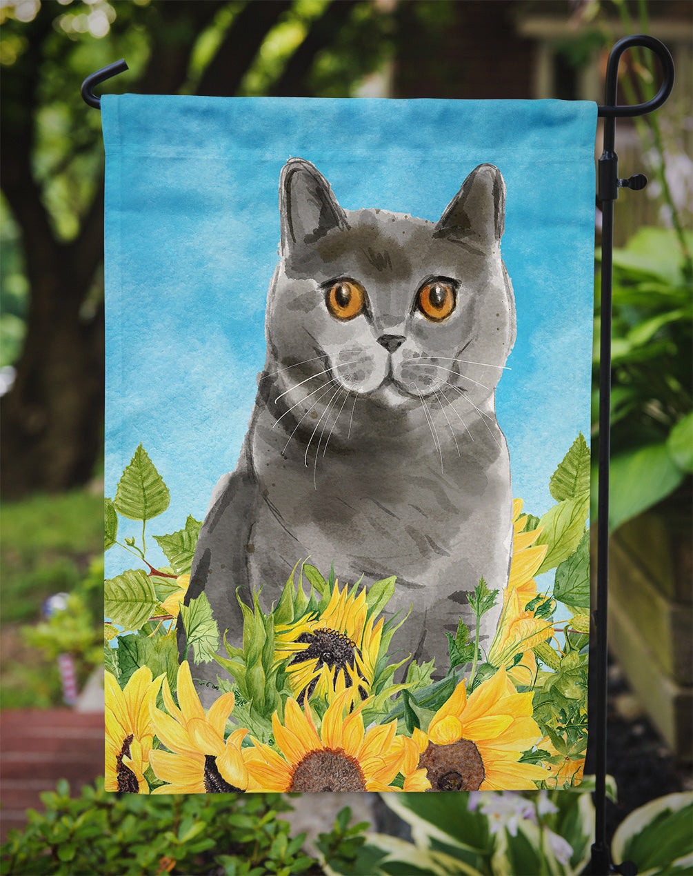 British Shorthair in Sunflowers Garden Flag Mailbox Decorative Yard Banner Outside Patio Artwork for Flower Beds, Garden Size, Multicolor