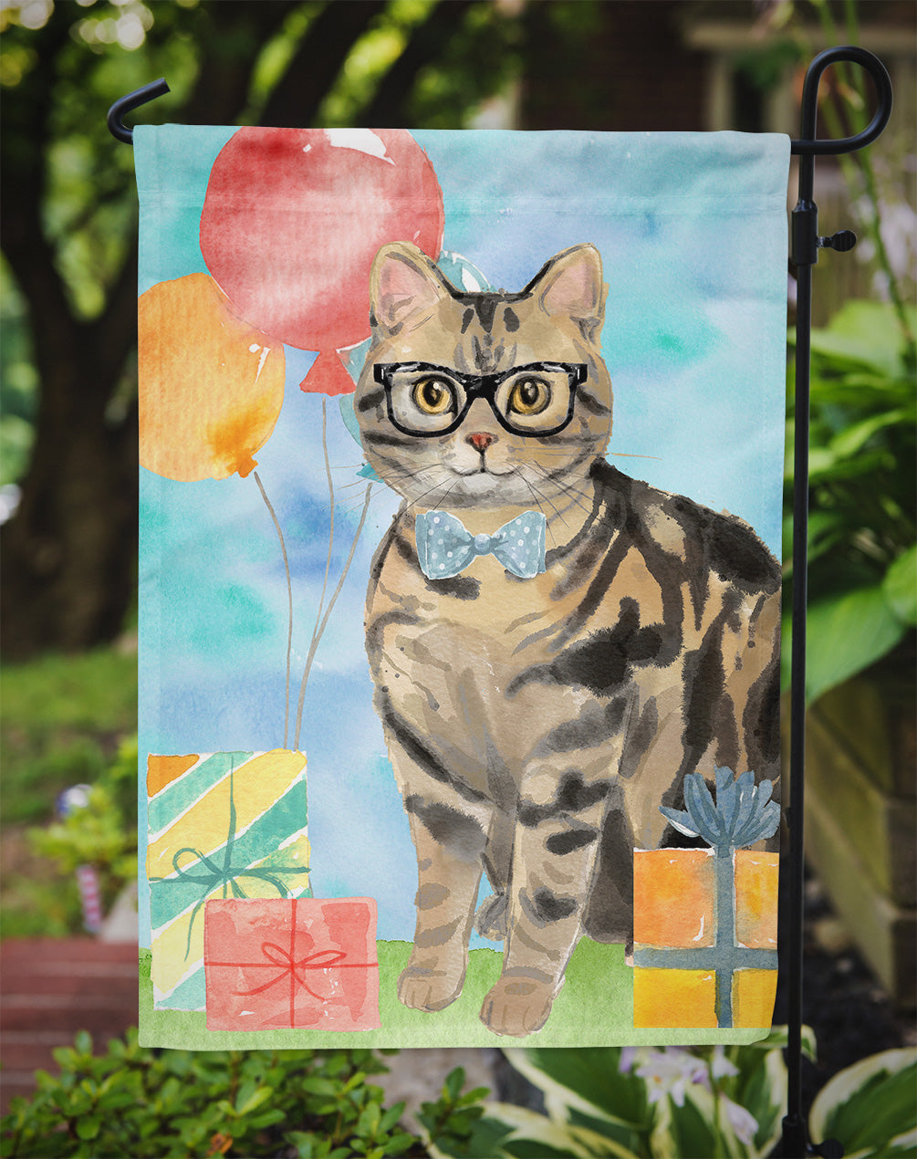 American Shorthair Brown Tabby Happy Birthday Garden Flag Mailbox Decorative Yard Banner Outside Patio Artwork for Flower Beds, Garden Size, Multicolor