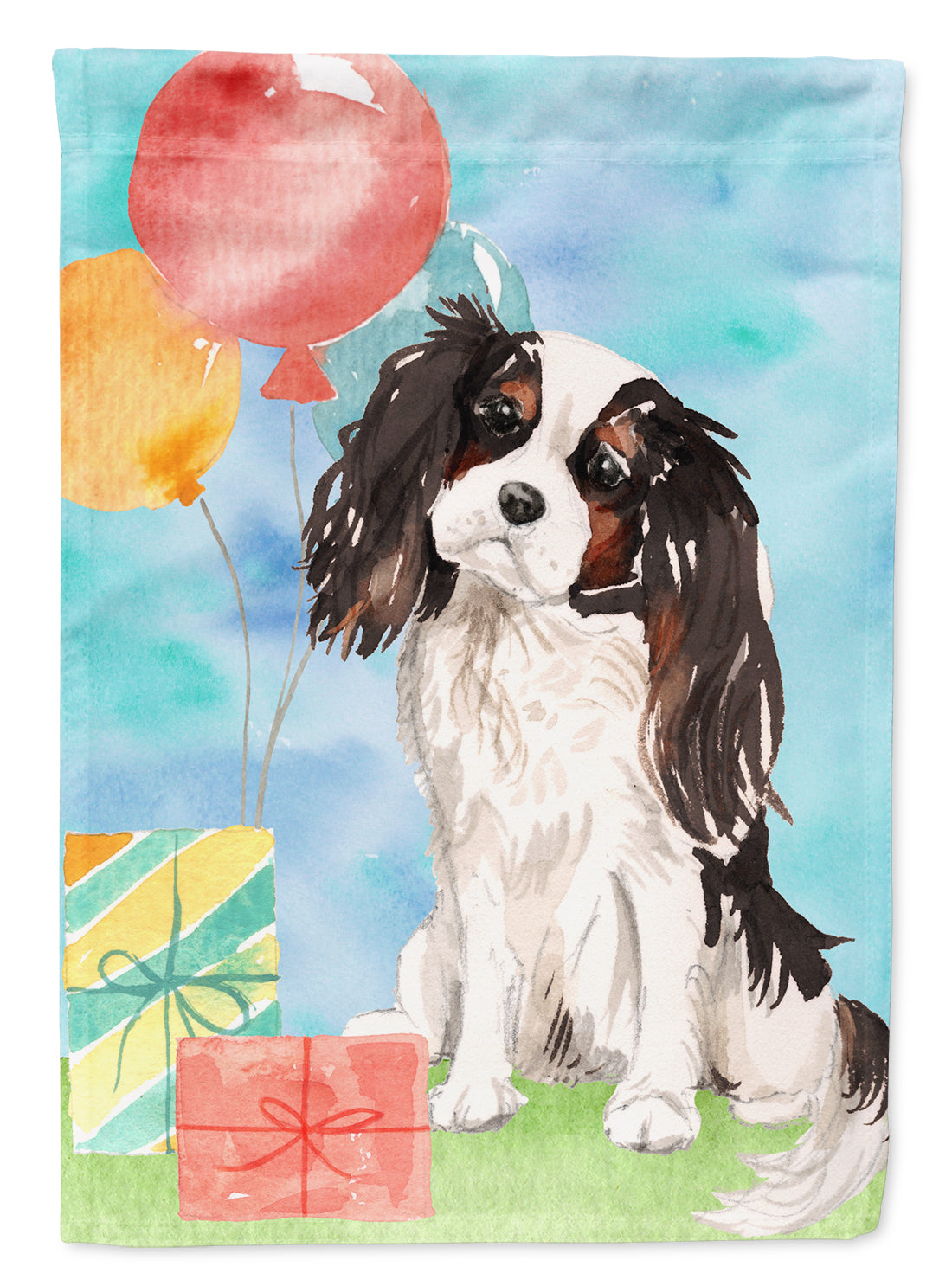 Happy Birthday Tricolor Cavalier Spaniel House Flag 28x40 Porch Sleeve Pole Decorative Outside Yard Banner Artwork Wall Hanging, Polyester
