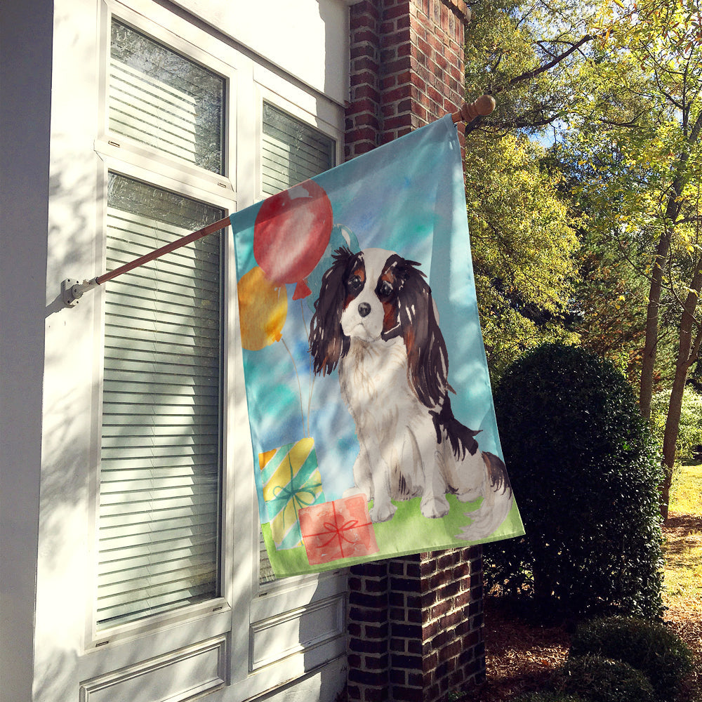 Happy Birthday Tricolor Cavalier Spaniel House Flag 28x40 Porch Sleeve Pole Decorative Outside Yard Banner Artwork Wall Hanging, Polyester