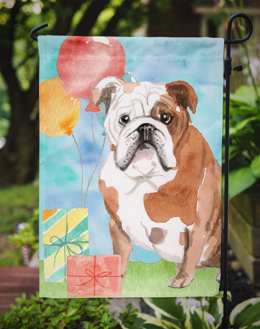 Happy Birthday English Bulldog Garden Flag Mailbox Decorative Yard Banner Outside Patio Artwork for Flower Beds, Garden Size, Multicolor