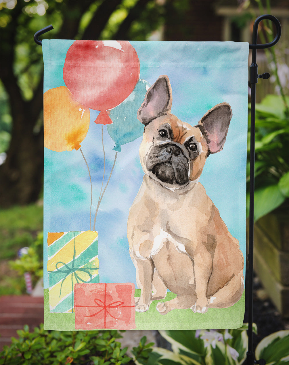 Happy Birthday Fawn French Bulldog Garden Flag Mailbox Decorative Yard Banner Outside Patio Artwork for Flower Beds, Garden Size, Multicolor
