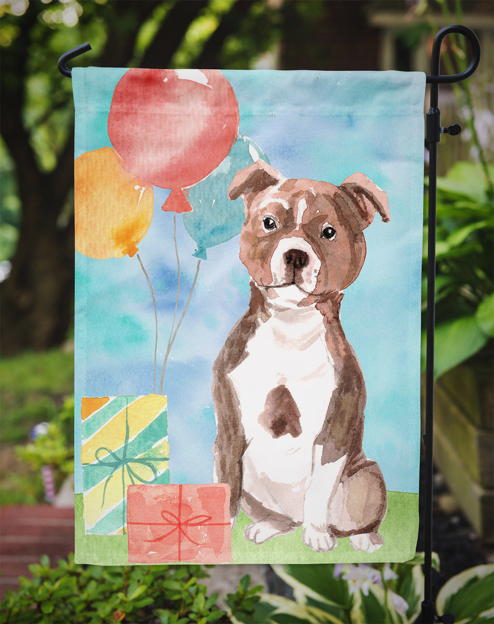 Happy Birthday Red Staffie Bull Garden Flag Mailbox Decorative Yard Banner Outside Patio Artwork for Flower Beds, Garden Size, Multicolor