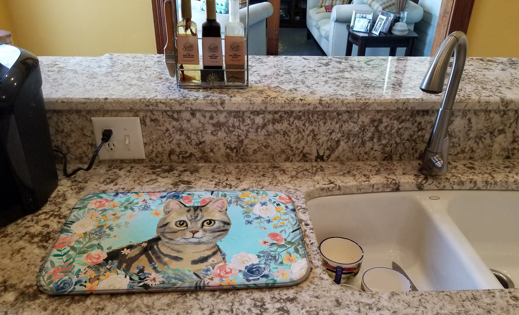 American Shorthair Brown Tabby Spring Flowers Dish Drying Mat Absorbent Dish Drying Mat Pad for Kitchen Counter Dish Drainer Mat for Countertop, 14 x 21", Multicolor