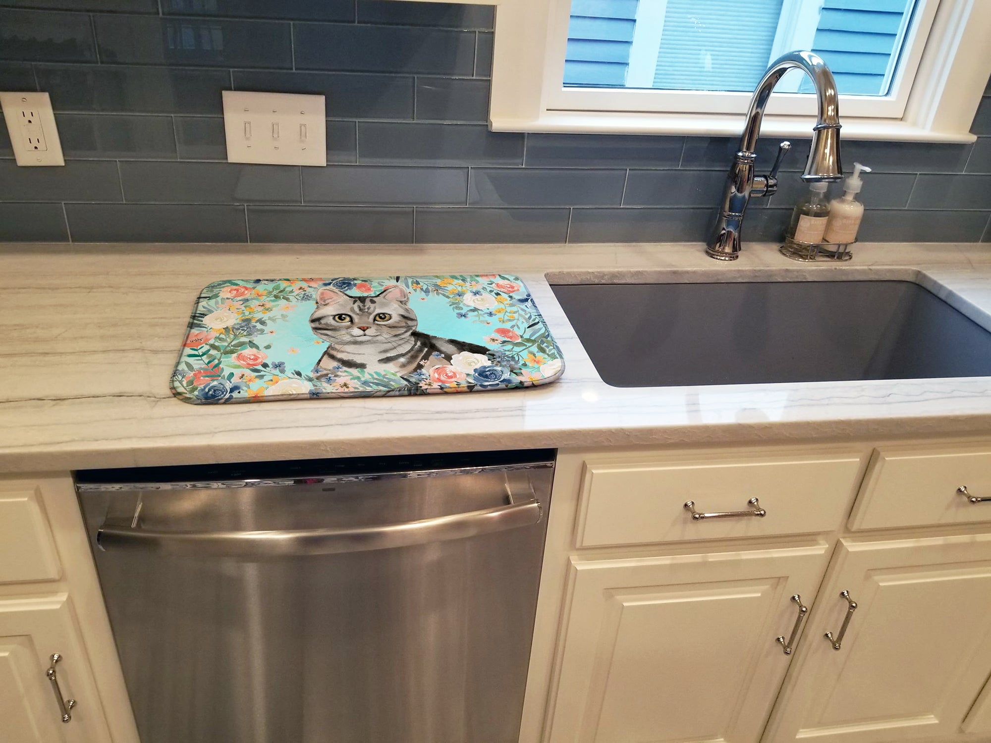 American Shorthair Spring Flowers Dish Drying Mat Absorbent Dish Drying Mat Pad for Kitchen Counter Dish Drainer Mat for Countertop, 14 x 21", Multicolor
