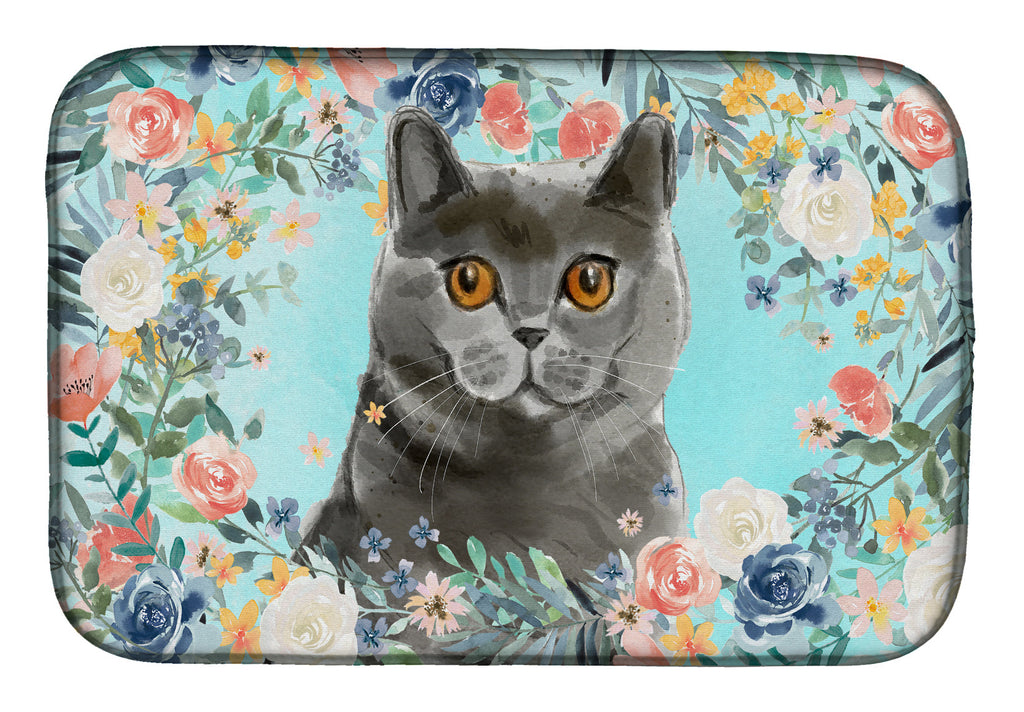 British Shorthair Spring Flowers Dish Drying Mat Absorbent Dish Drying Mat Pad for Kitchen Counter Dish Drainer Mat for Countertop, 14 x 21", Multicolor