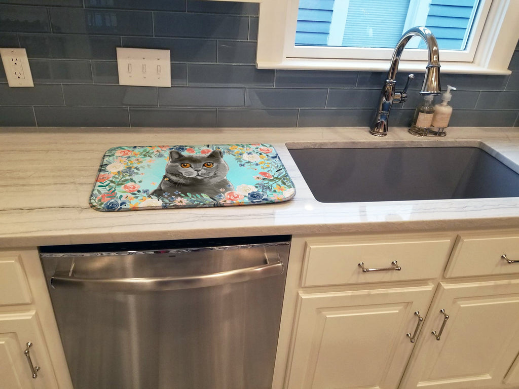 British Shorthair Spring Flowers Dish Drying Mat Absorbent Dish Drying Mat Pad for Kitchen Counter Dish Drainer Mat for Countertop, 14 x 21", Multicolor