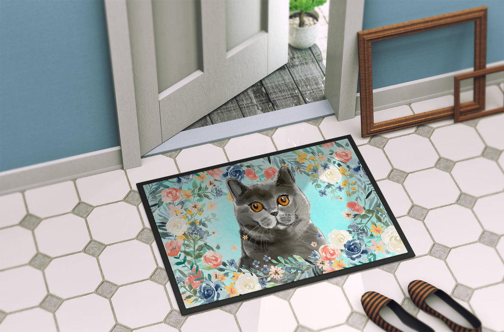 British Shorthair Spring Flowers Doormat Indoor Outdoor 18H X 27W Front Door Mat Rugs for Entryway, Non Slip Washable