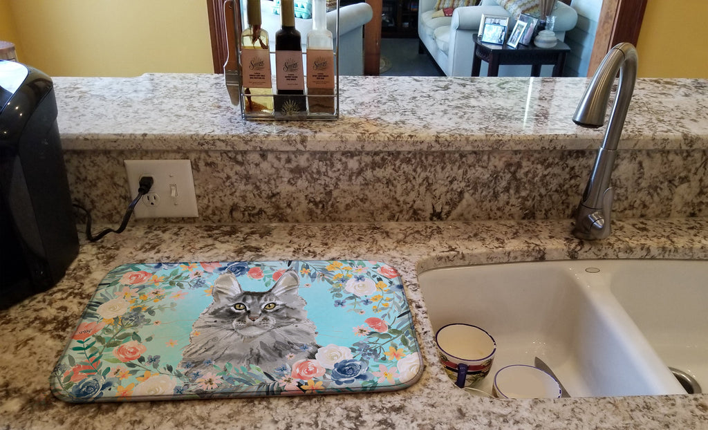 Maine Coon Spring Flowers Dish Drying Mat Absorbent Dish Drying Mat Pad for Kitchen Counter Dish Drainer Mat for Countertop, 14 x 21", Multicolor