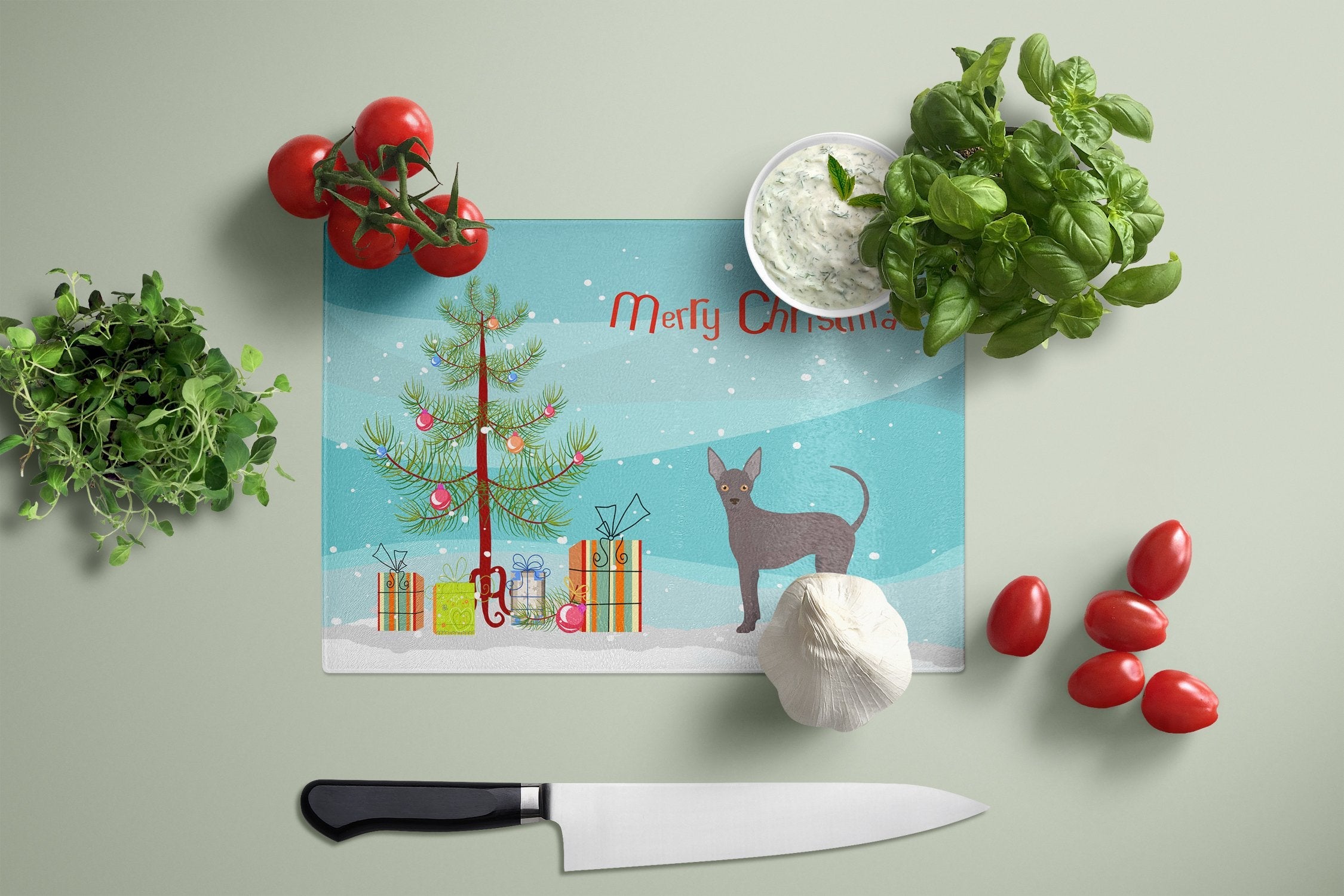 Abyssinian or African Hairless Dog Christmas Tree Cutting Board Tempered Glass Kitchen Cutting Surface, Heat Resistant Chopping, Non-Slip Feet, Food Prep & Serving