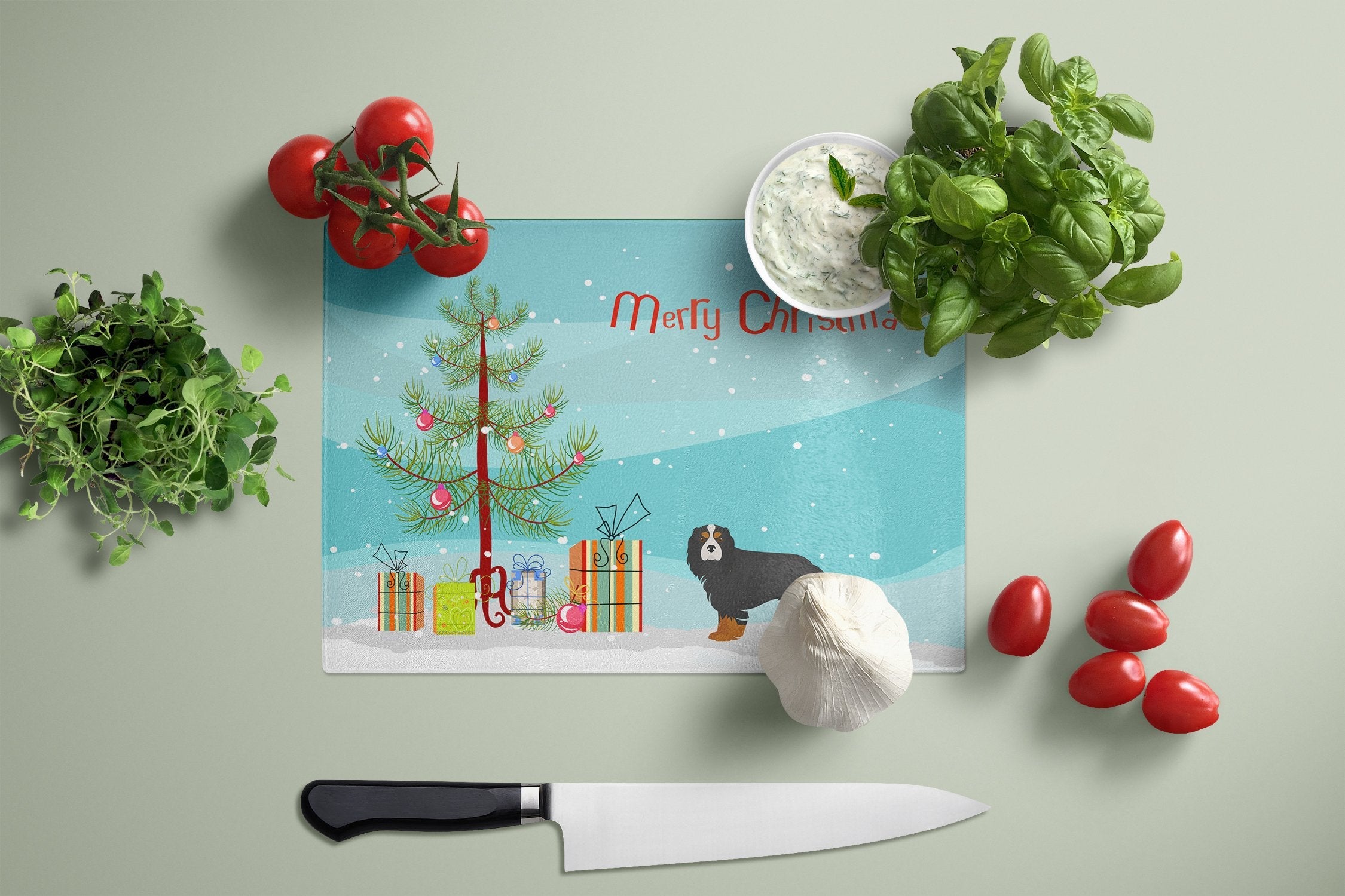 Cavalier Spaniel Christmas Tree Cutting Board Tempered Glass Kitchen Cutting Surface, Heat Resistant Chopping, Non-Slip Feet, Food Prep & Serving