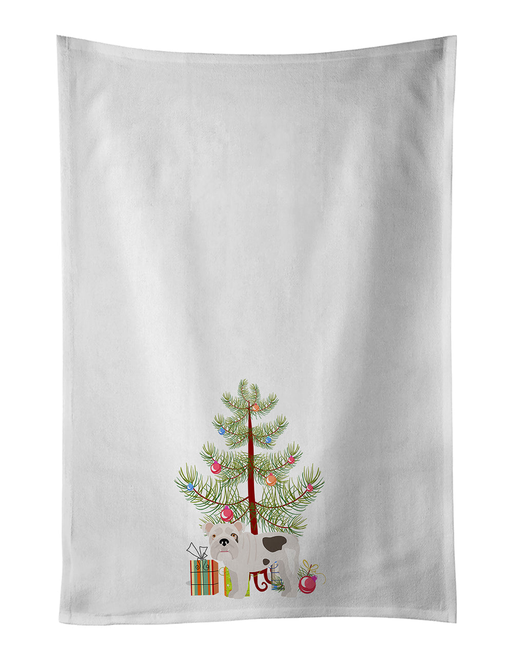 Bulldog, English Bulldog Christmas Tree Kitchen Towel Set of 2 White Dish Towels Decorative Bathroom Hand towel for Hand, Face, Hair, Yoga, Tea, Dishcloth, 19 X 28", White