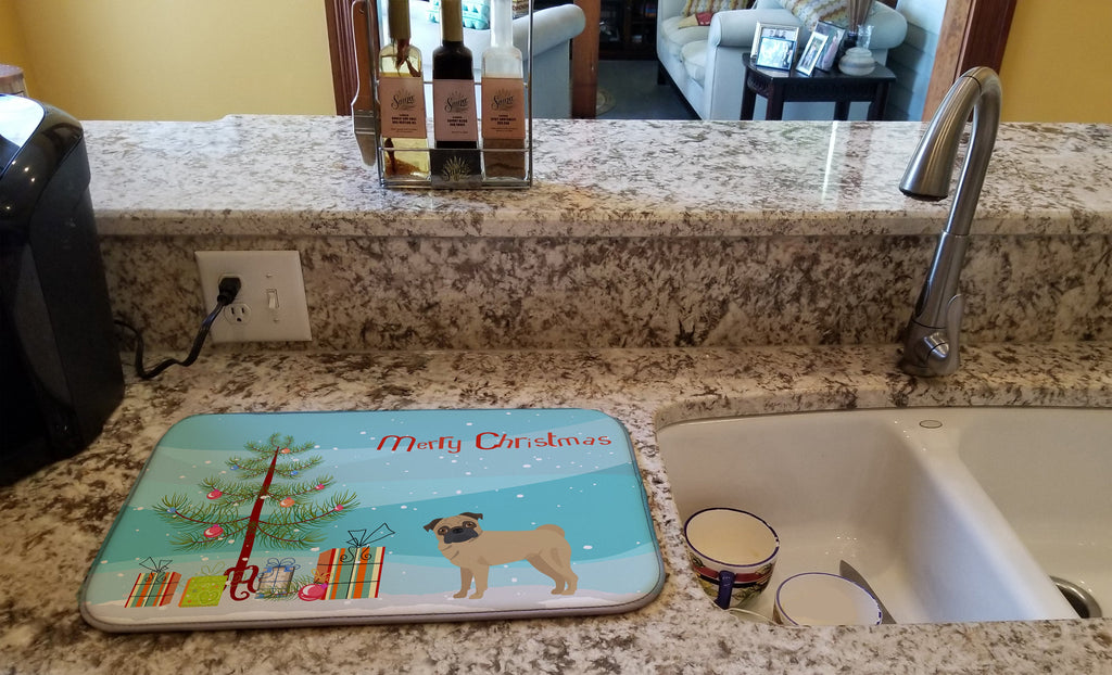 Pug Christmas Tree Dish Drying Mat Absorbent Dish Drying Mat Pad for Kitchen Counter Dish Drainer Mat for Countertop, 14 x 21", Multicolor