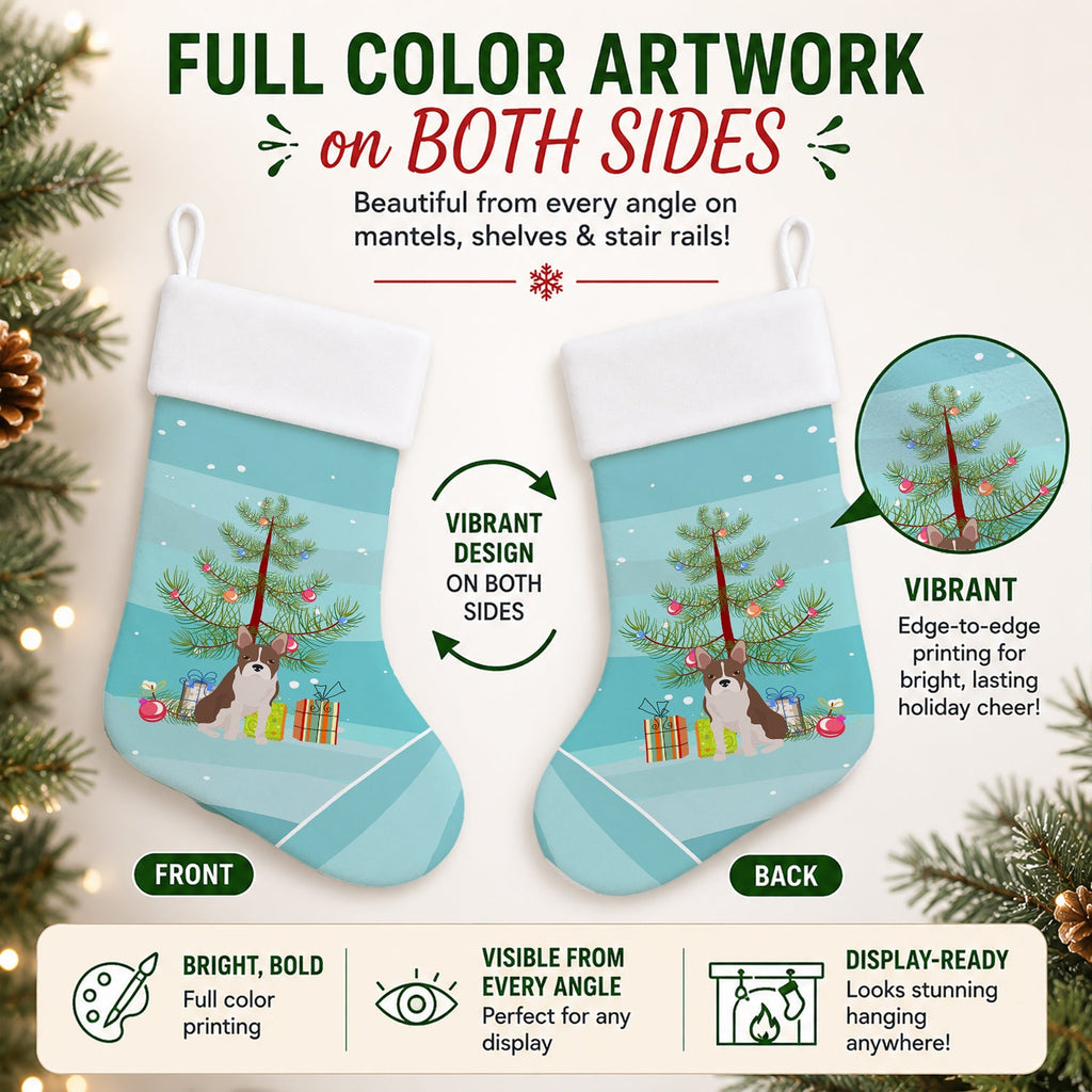 Boston Terrier Christmas Tree Holiday Stocking Double-Sided Print, Polyester Suede,11x18, Made in USA