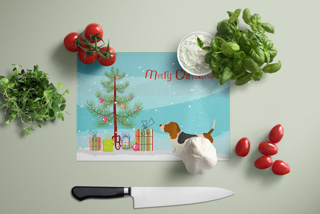 Basset Hound Christmas Tree Cutting Board Tempered Glass Kitchen Cutting Surface, Heat Resistant Chopping, Non-Slip Feet, Food Prep & Serving