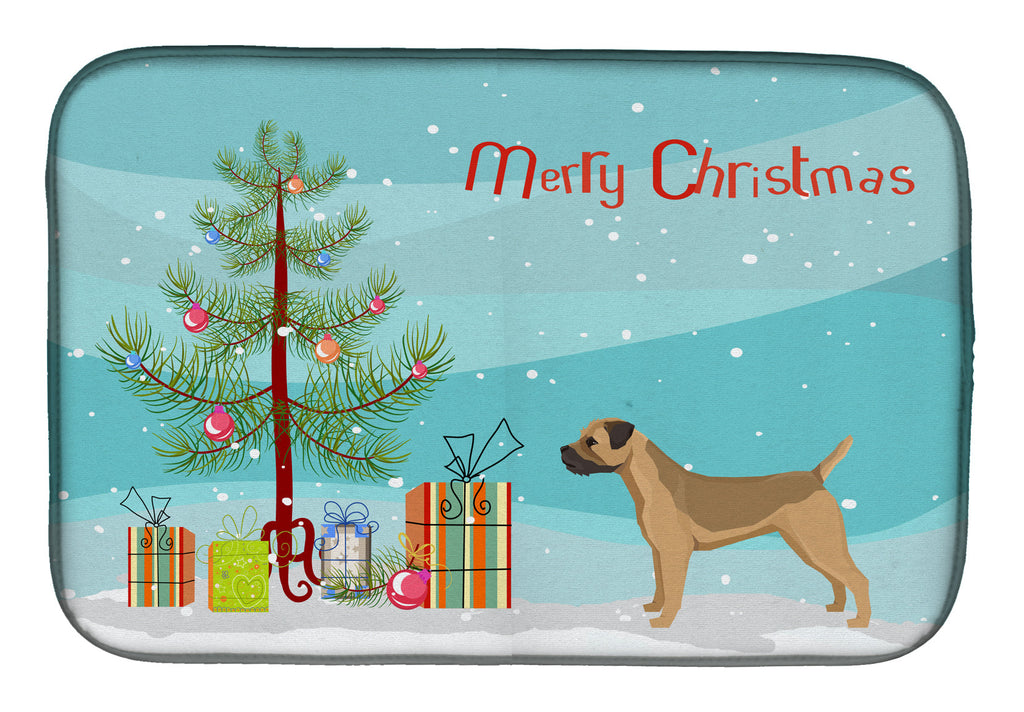 Border Terrier Christmas Tree Dish Drying Mat Absorbent Dish Drying Mat Pad for Kitchen Counter Dish Drainer Mat for Countertop, 14 x 21", Multicolor