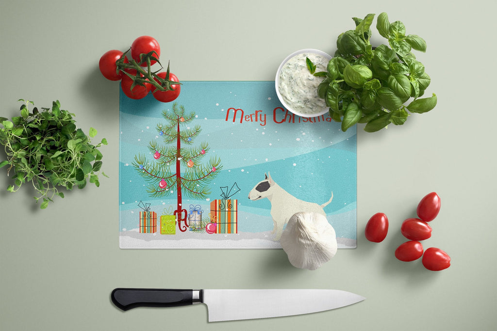 Black and White Bull Terrier Christmas Tree Cutting Board Tempered Glass Kitchen Cutting Surface, Heat Resistant Chopping, Non-Slip Feet, Food Prep & Serving