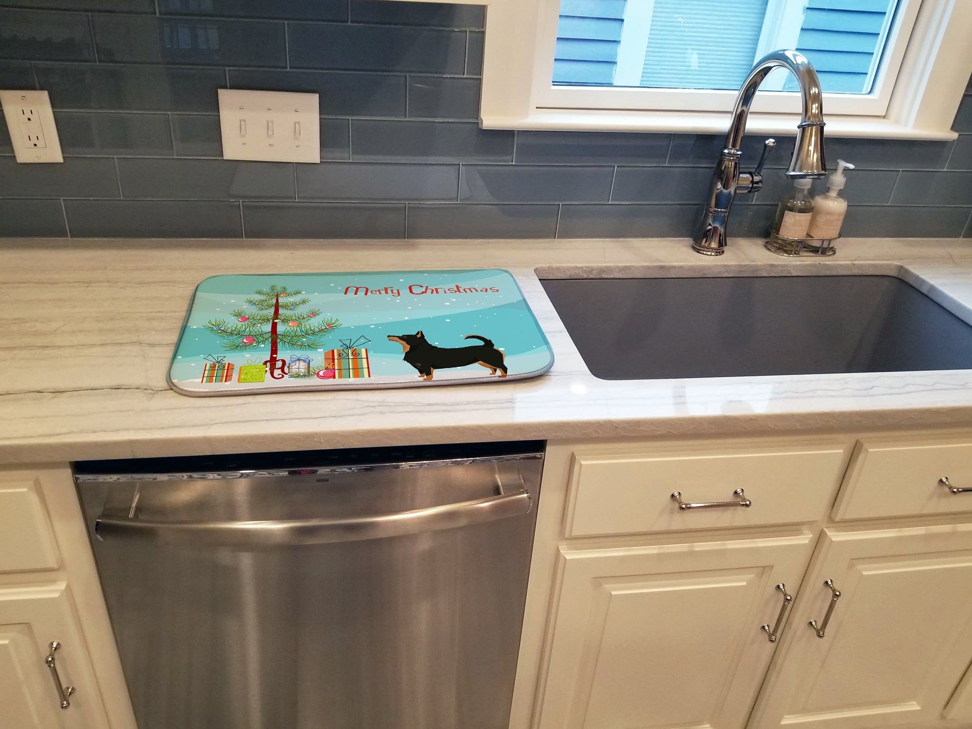 Lancashire Terrier Christmas Tree Dish Drying Mat Absorbent Dish Drying Mat Pad for Kitchen Counter Dish Drainer Mat for Countertop, 14 x 21", Multicolor