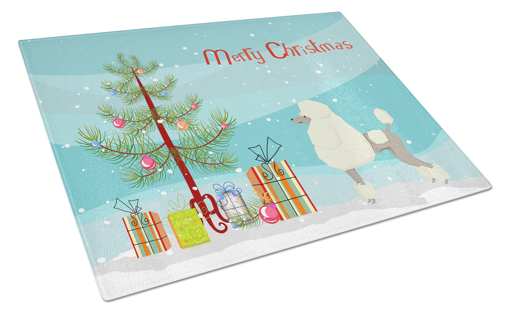 Poodle Christmas Tree Cutting Board Tempered Glass Kitchen Cutting Surface, Heat Resistant Chopping, Non-Slip Feet, Food Prep & Serving