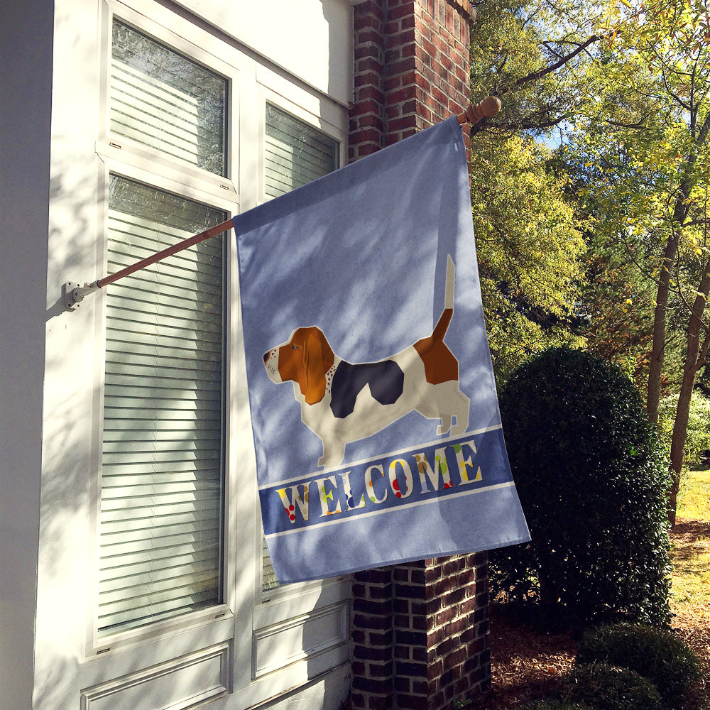 Basset Hound Welcome House Flag 28x40 Porch Sleeve Pole Decorative Outside Yard Banner Artwork Wall Hanging, Polyester