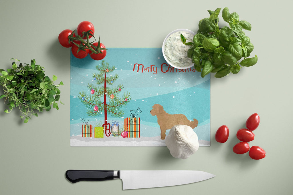 Tan Cockapoo Christmas Tree Cutting Board Tempered Glass Kitchen Cutting Surface, Heat Resistant Chopping, Non-Slip Feet, Food Prep & Serving