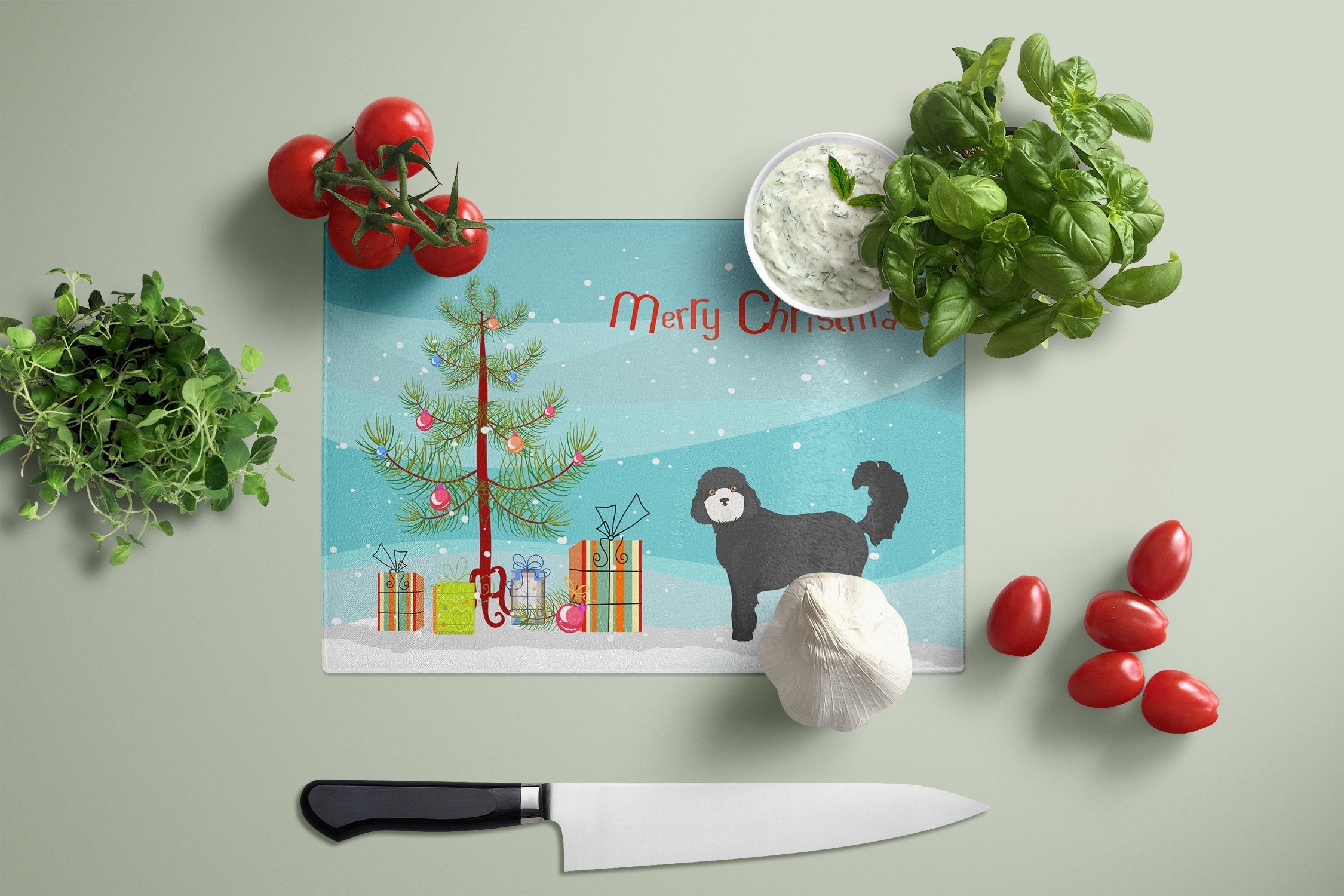 Black Cockapoo Christmas Tree Cutting Board Tempered Glass Kitchen Cutting Surface, Heat Resistant Chopping, Non-Slip Feet, Food Prep & Serving