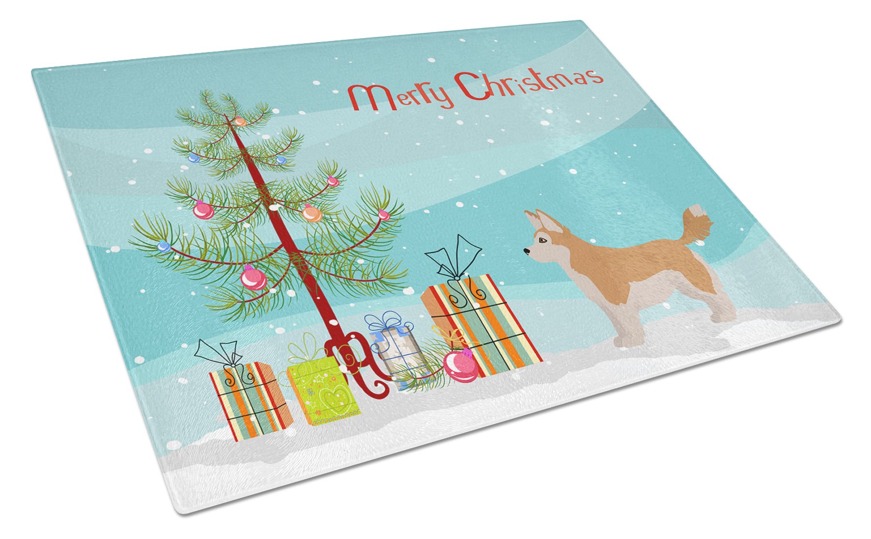 Corgi Husky Mix Christmas Tree Cutting Board Tempered Glass Kitchen Cutting Surface, Heat Resistant Chopping, Non-Slip Feet, Food Prep & Serving