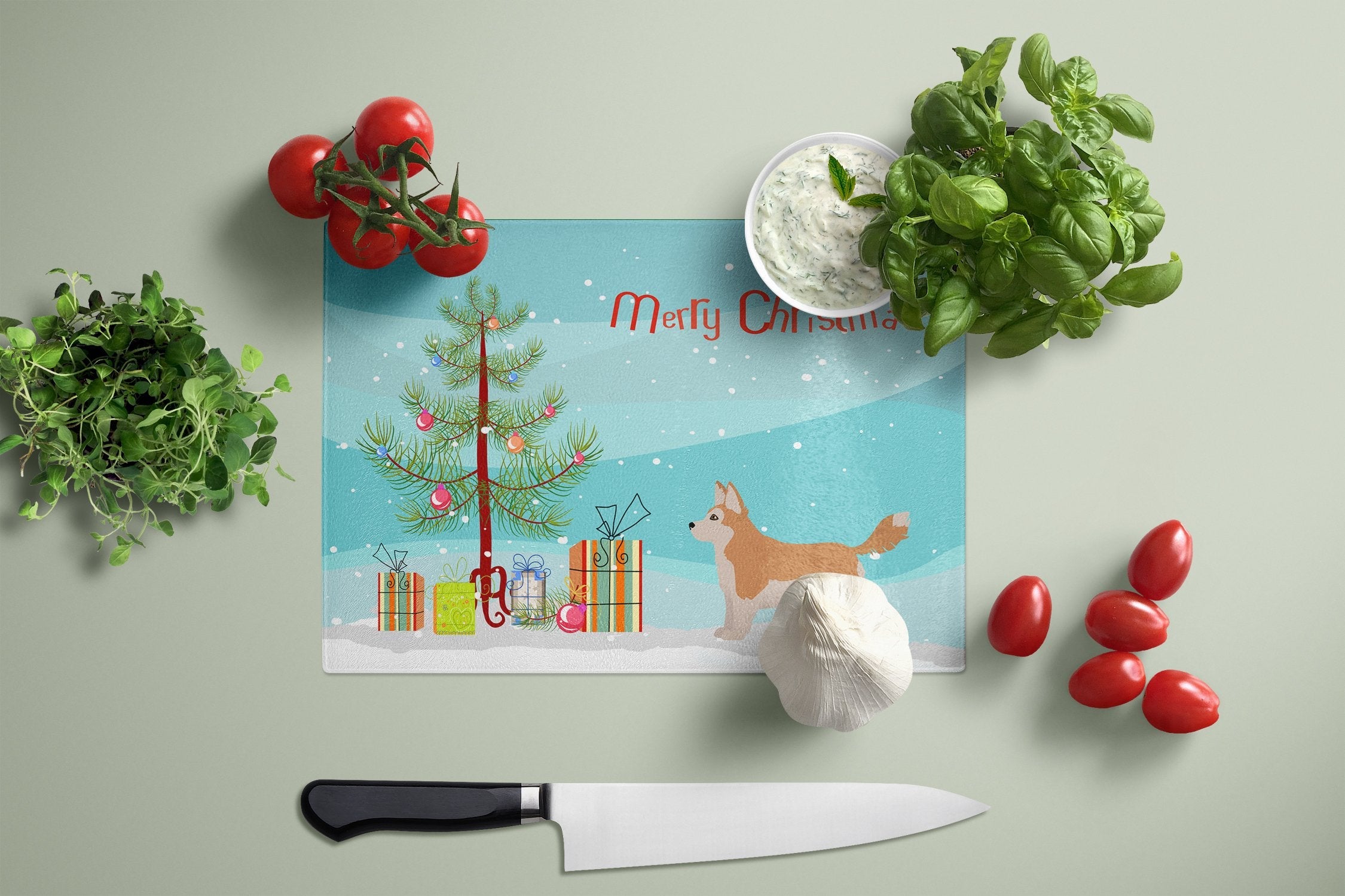 Corgi Husky Mix Christmas Tree Cutting Board Tempered Glass Kitchen Cutting Surface, Heat Resistant Chopping, Non-Slip Feet, Food Prep & Serving