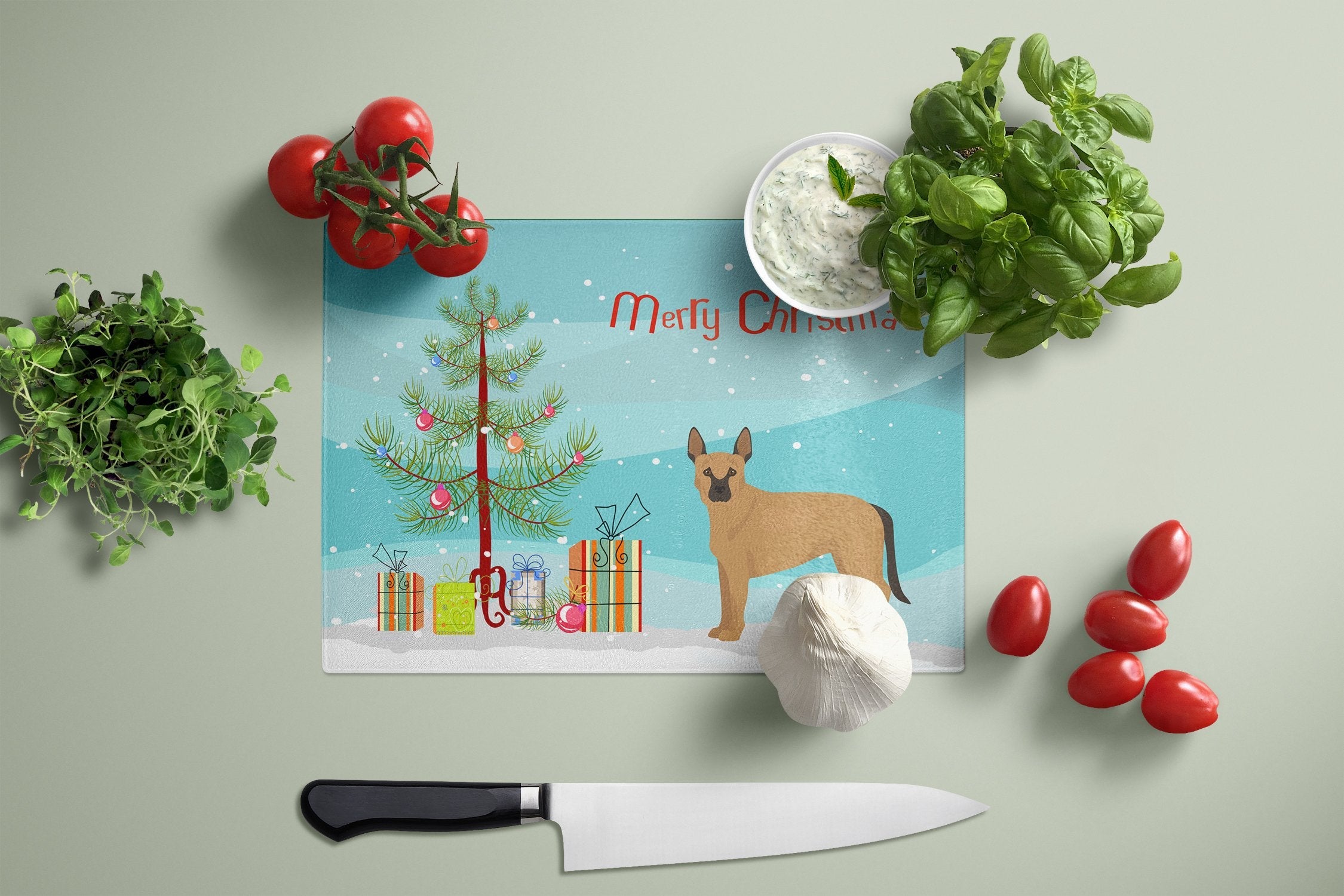 Tan German Shepherd Mastiff Mix Christmas Tree Cutting Board Tempered Glass Kitchen Cutting Surface, Heat Resistant Chopping, Non-Slip Feet, Food Prep & Serving