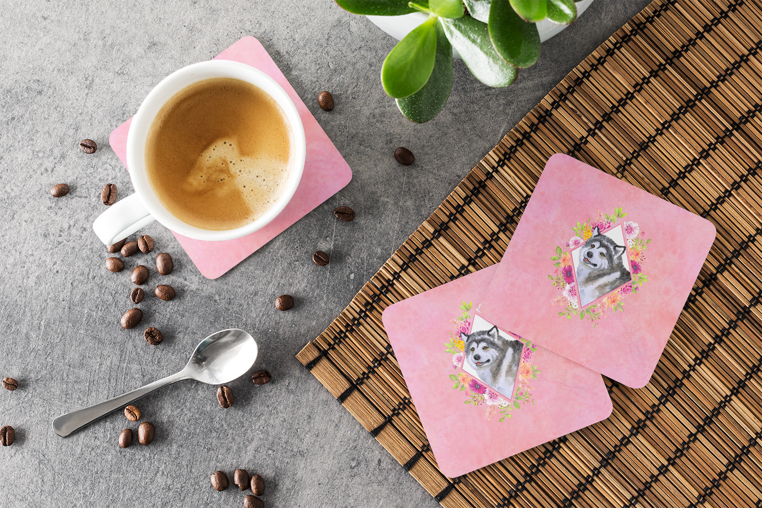 Alaskan Malamute Pink Flowers Foam Coasters Set of 4 Cup Coasters for Indoor Outdoor, Tabletop Protection, Anti Slip, Mouse pad Material