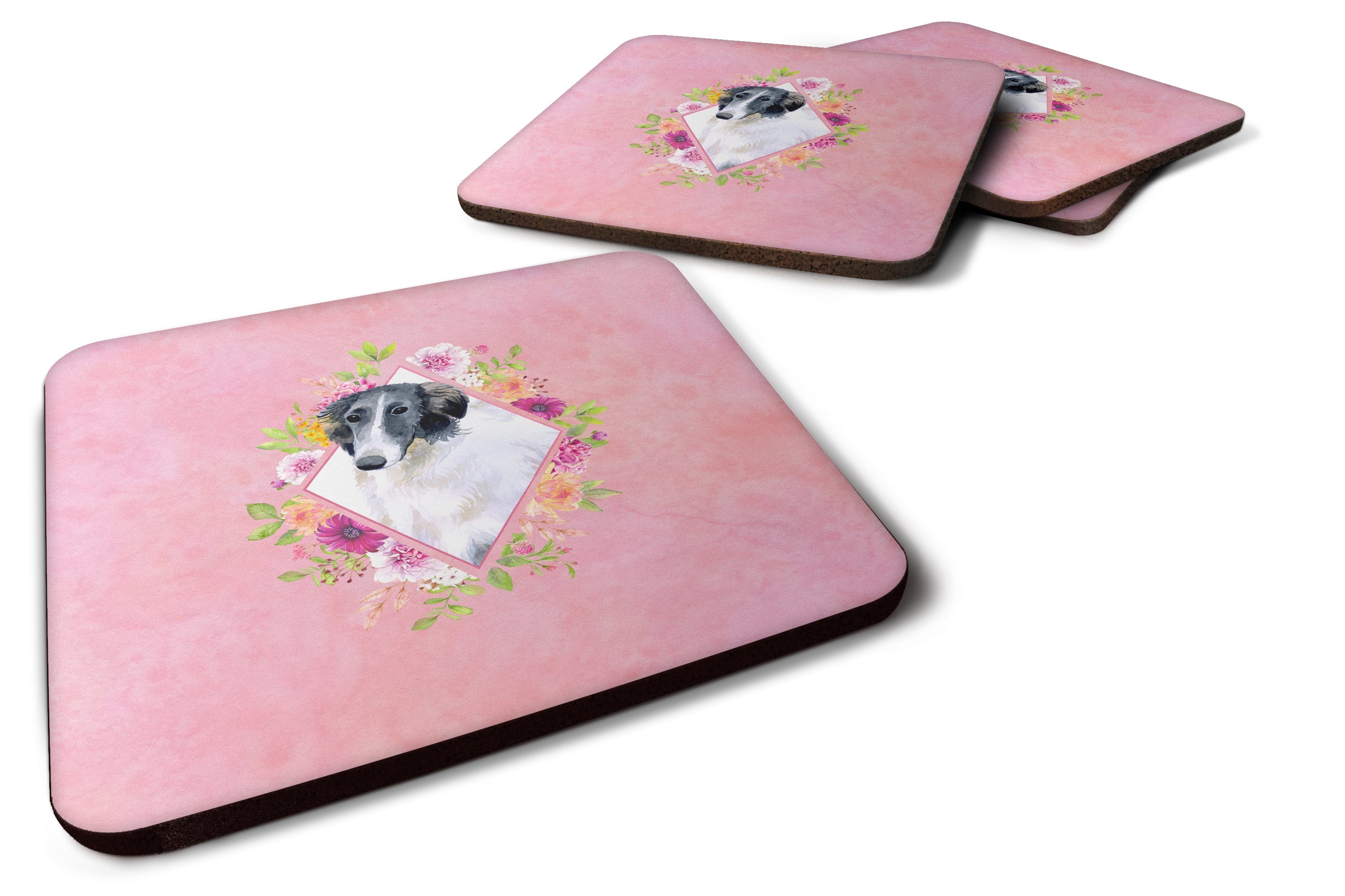 Borzoi Pink Flowers Foam Coasters Set of 4 Cup Coasters for Indoor Outdoor, Tabletop Protection, Anti Slip, Mouse pad Material