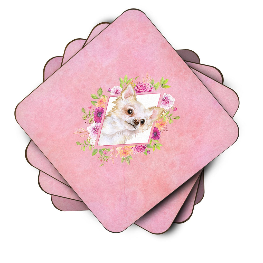 Long Hair Chihuahua Pink Flowers Foam Coasters Set of 4 Cup Coasters for Indoor Outdoor, Tabletop Protection, Anti Slip, Mouse pad Material