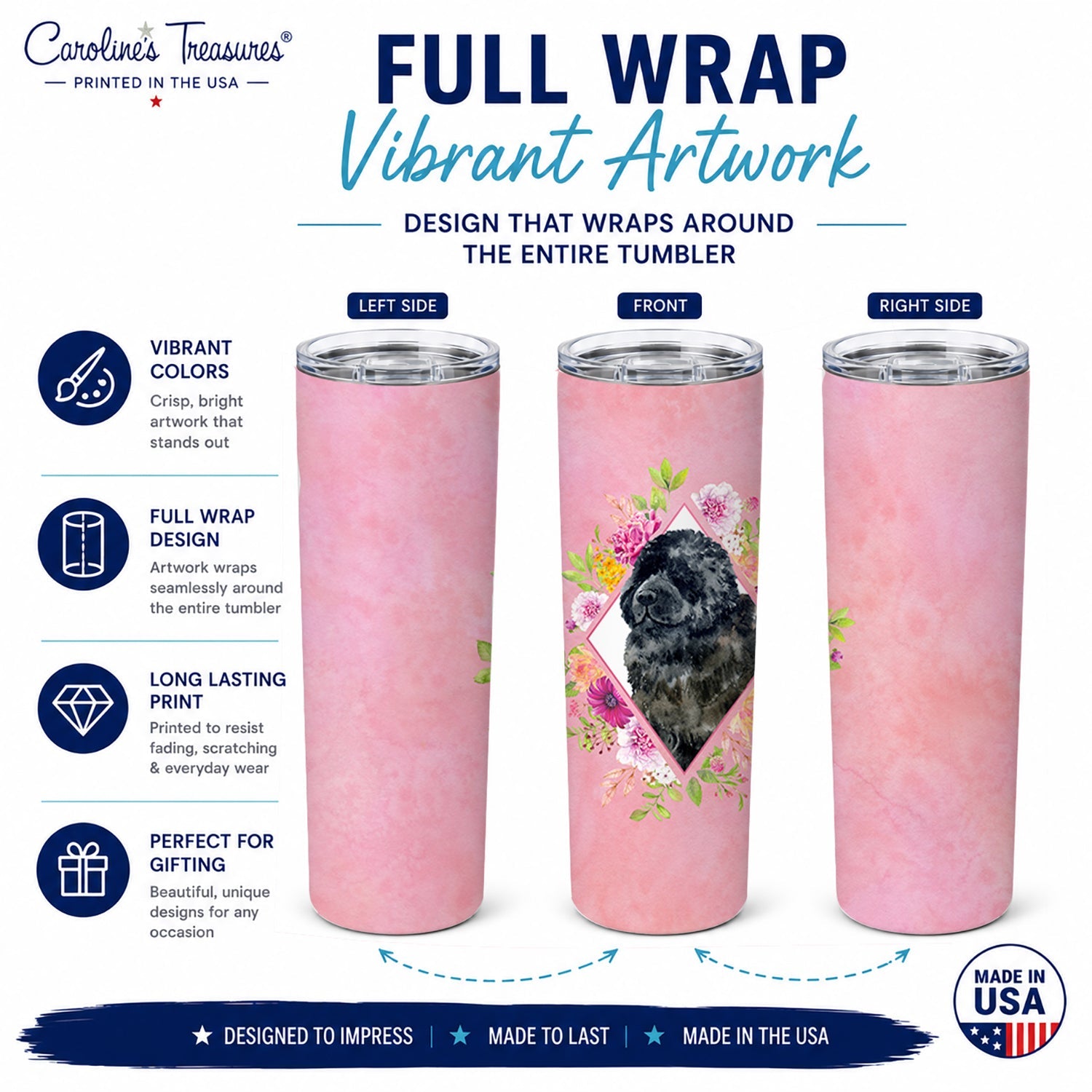 Newfoundland Pink Flowers Stainless Steel Skinny Tumbler 20 oz Vacuum Double Walled Reusable Insulated Travel Cup