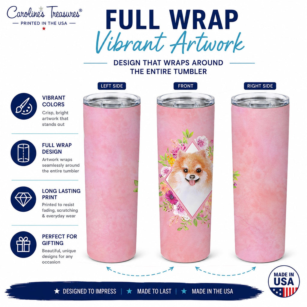 Pomeranian #1 Pink Flowers Stainless Steel Skinny Tumbler 20 oz Vacuum Double Walled Reusable Insulated Travel Cup